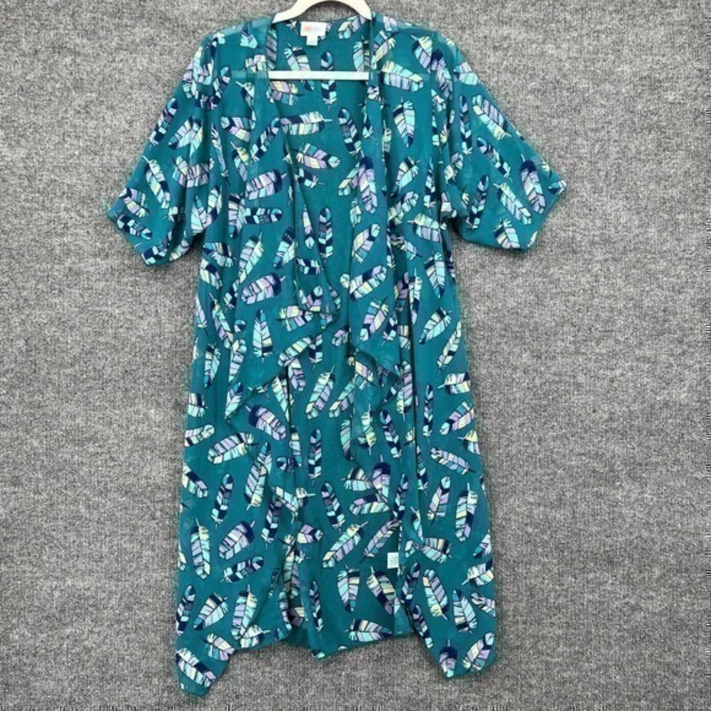 Lularoe Shirley Kimono Womens S Teal Feather Print Sheer Duster Beach Cover Up